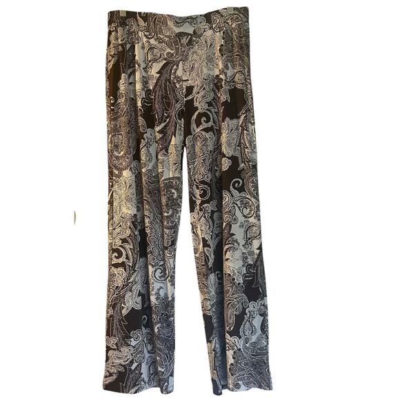 IMAN Easywear Pants SZ LG Brown Gold Trim Paisley Slinky Wide Leg Elastic Waist - Picture 3 of 10